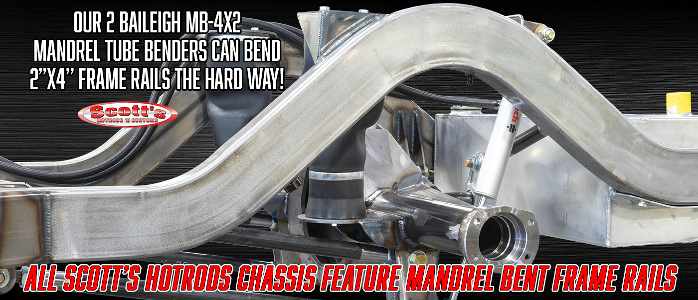 mandrel bent chassis under construction in Scott’s Hotrods shop, showing frame and suspension
