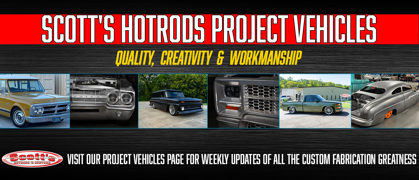 scotts hotrods project cars and trucks under construction in Scott’s Hotrods shop, showing frame and suspension
